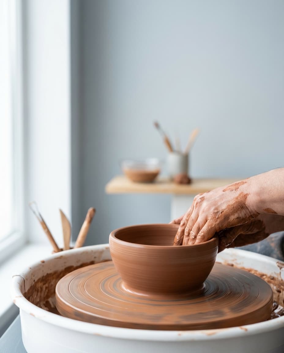 Artisan shaping clay on a pottery wheel