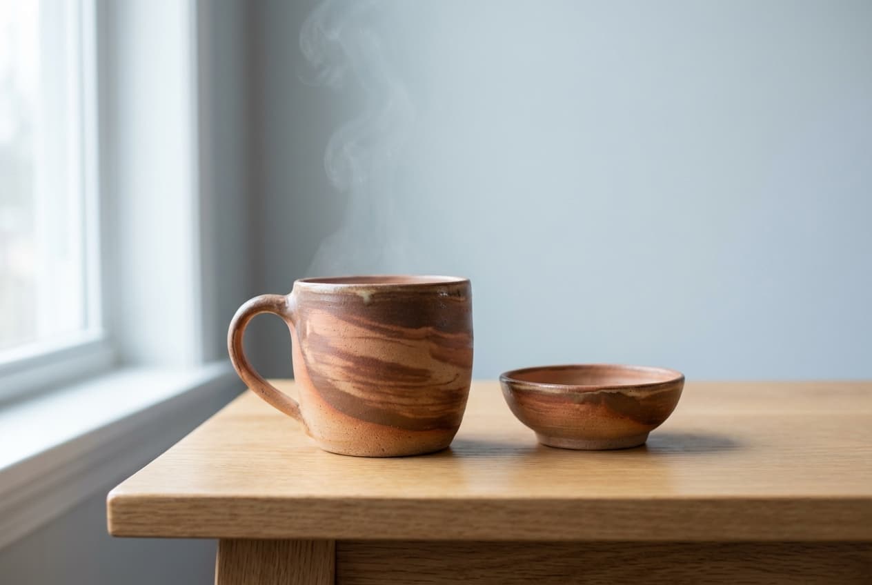 Handcrafted ceramic pieces on a wooden table