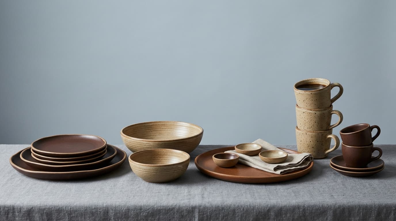 Custom ceramic collections for restaurants and cafes, including plates, bowls, mugs, and serving platters