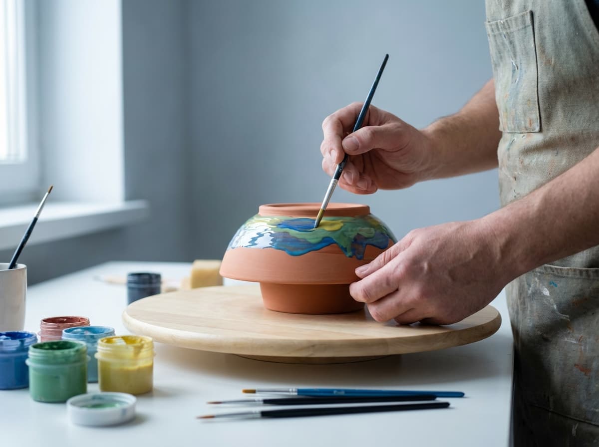 Illustration of someone painting and decorating a ceramic piece with colorful glazes