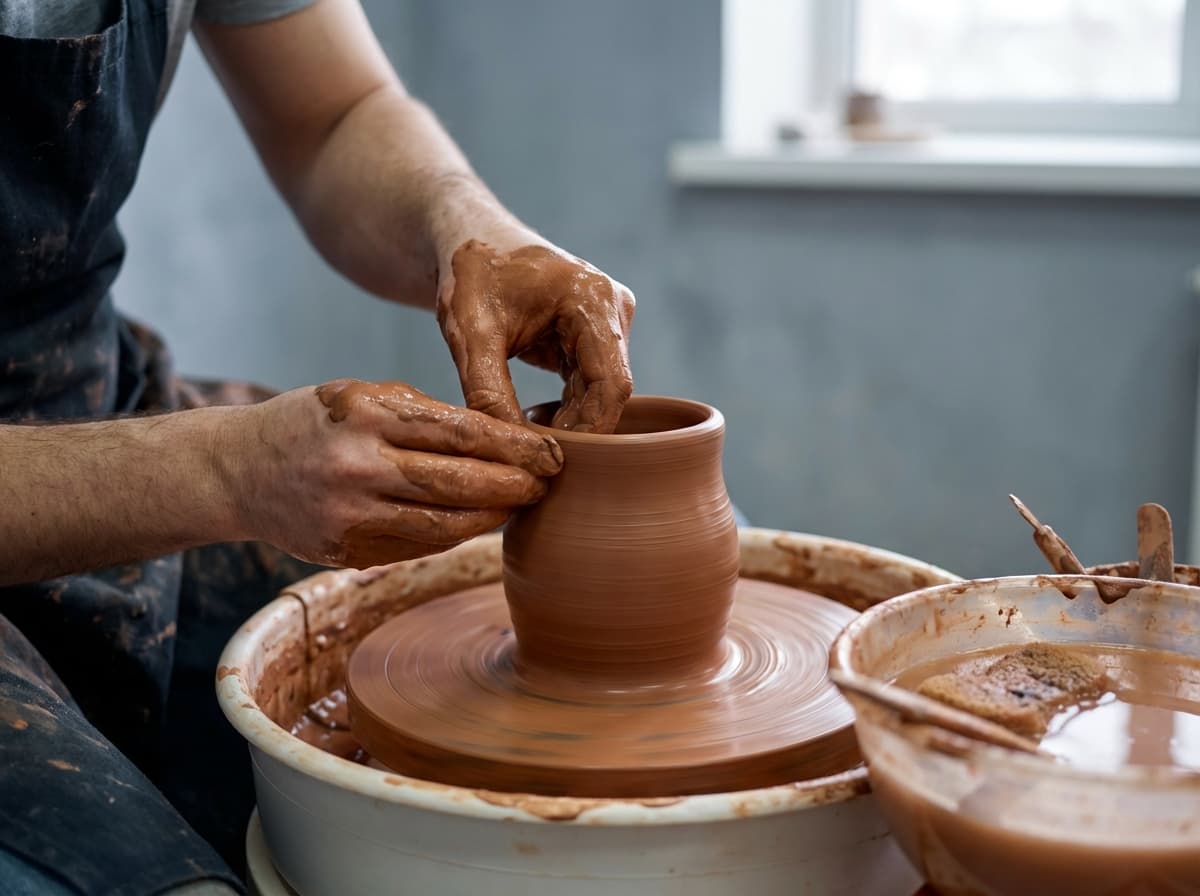 Illustration of hands throwing clay on a spinning pottery wheel