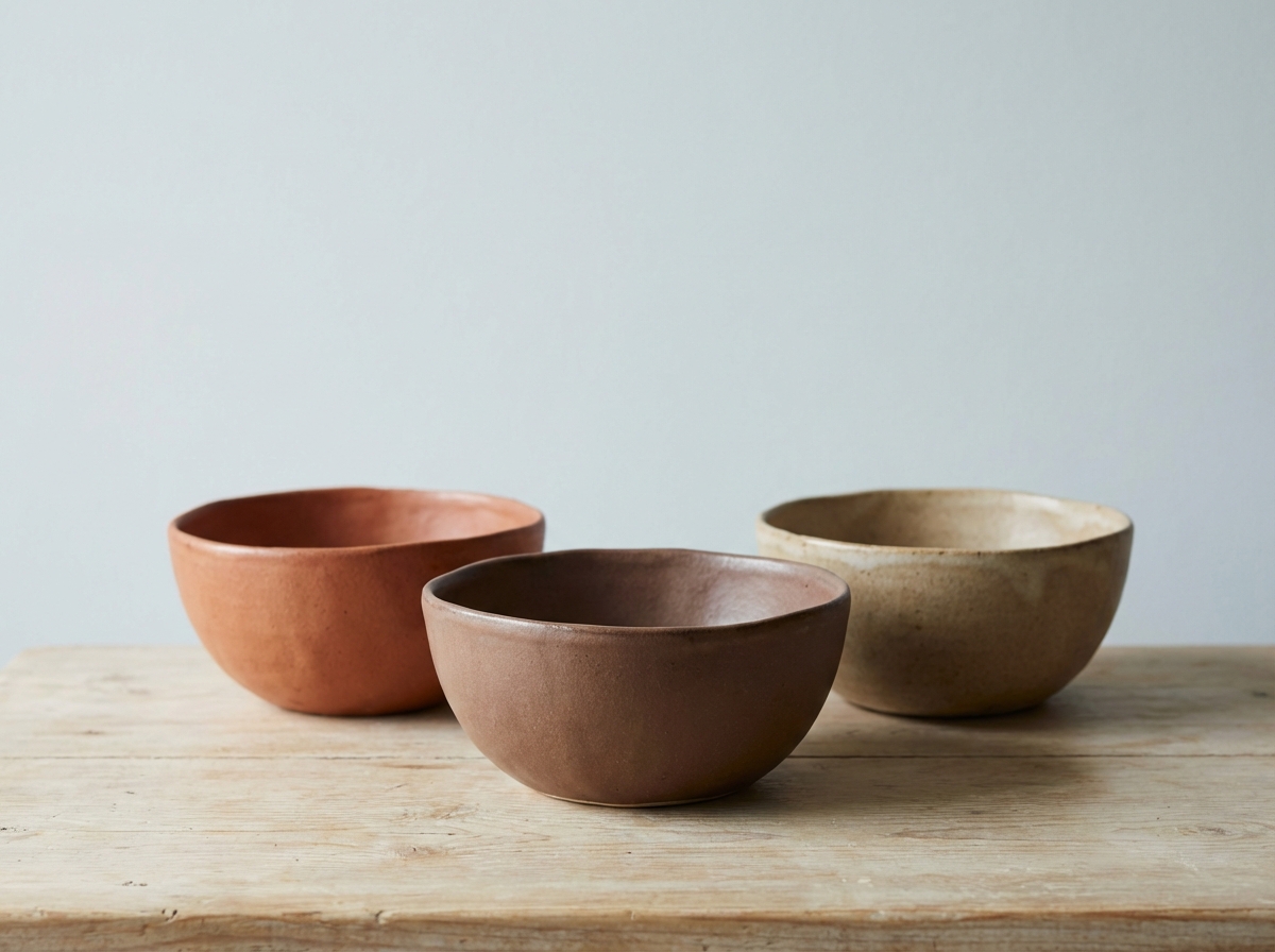 Illustration of stacked handmade ceramic bowls in warm neutral tones.