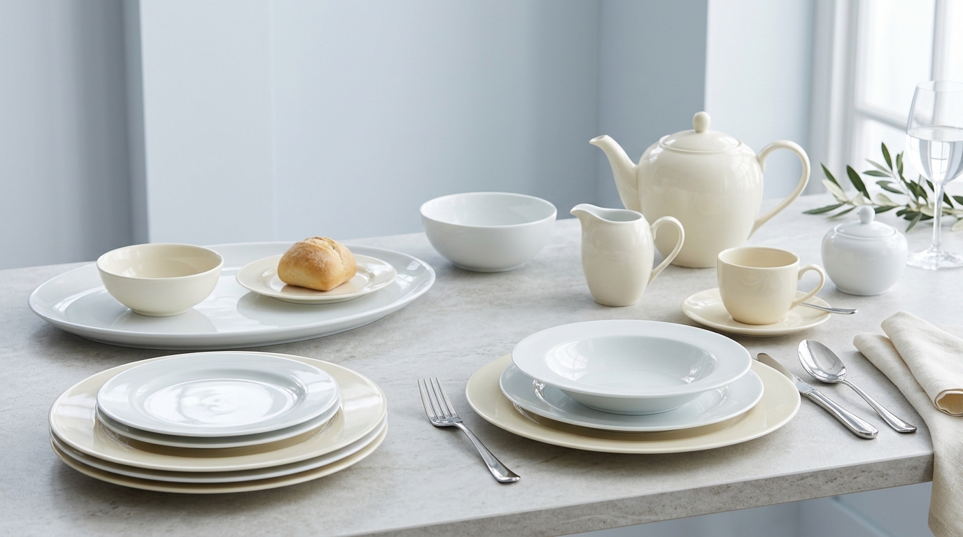 Set tableware keramik premium untuk hotel dan resor, termasuk piring, mangkuk, dan aksesori layanan