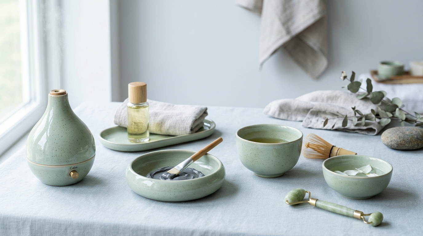 Aksesori keramik untuk spa dan wellness seperti mangkuk minyak, wadah diffuser, dan kontainer bernuansa tenang